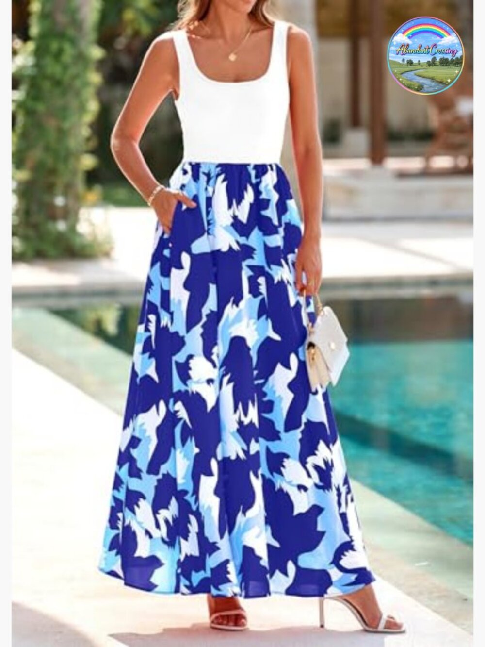 Boho Floral Maxi Dress Sleeveless Scoop Neck A-Line Tank Dress with Pockets - Picture 5 of 7